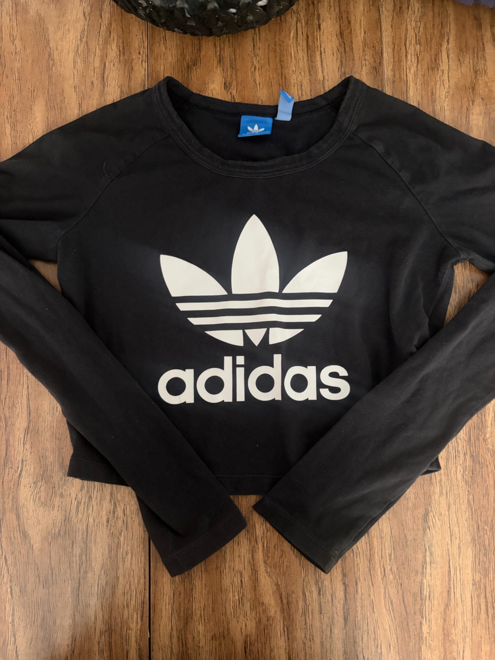 adidas Black Cropped Long-Sleeve Top with White Trefoil